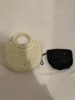 かごバッグ ストローバッグ ベージュ系 & ブラックポーチ系 2点セット