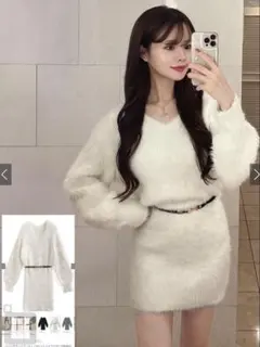 ホワイト アイボリー ニットワンピース 長袖 ベルト付き Vネック Kz461