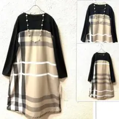 2026新作☆カットソー×異素材薄手布帛チェック柄チュニックワンピース☆M-L