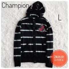 Champion チャンピオン ボーダー柄 ニットパーカー カーディガン Lのサムネイル
