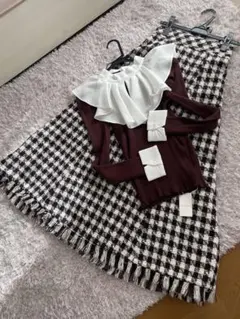 新品AndCouture 襟付きニット千鳥格子スカート( 2点SET )