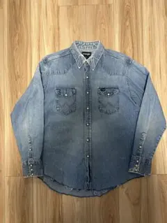 希少 80s USA製 Wranglerブラックデニムシャツ 裾カットオフ処理済