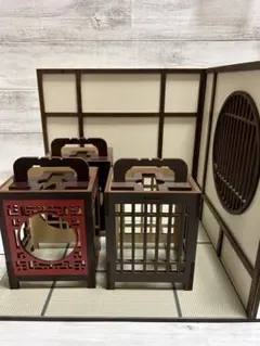 【ジャンク品】木製　和室ドールハウス＆籠　計4点セット