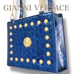 VERSACE 肩掛け可 クロコ型押し サンバースト ショルダーバッグ ブルー系のサムネイル
