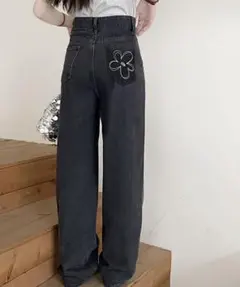 花柄刺繍デニムパンツ　ダークグレー
