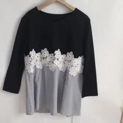 anywise 花柄チュニック新品七分袖ブラック縦ボーダー