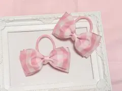 ピンクと白のギンガムチェック柄リボンヘアゴム2個セット♪