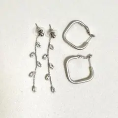 【美品】シルバーピアス 2点セット ロング ビジュー スクエア フープ