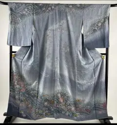 【Lサイズ】正絹 訪問着 辻が花 絞り 青灰色 袷 裄70（別売長襦袢あり）のサムネイル