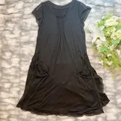 【PINORE】ワンピース (40) 黒 テンセル シャーリング フリルのサムネイル