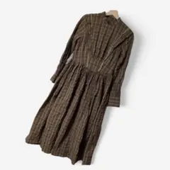 チェック柄　シャツワンピース　L　ロング　ブラウン　フリル　レトロ　ビンテージ