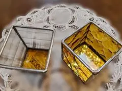 透明・イエローのガラス製四角形小物入れ、キャンドルホルダー-2点セット