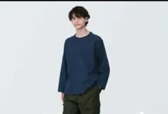 無印良品　洗いざらし太番手フットボール九分袖　ネイビー　フットボールTシャツのサムネイル