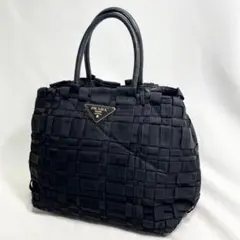 プラダ ウェーブ 編み込み トートバッグ 三角ロゴ 金具 大容量 多機能 黒