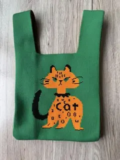 猫刺繍 緑色ニットトートバッグ