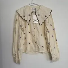 ZARA 刺繍入り長袖ブラウス クリーム 13-14