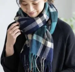 【美品】チェック マフラー ストール　大判　青系