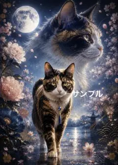 一作限り】月夜にたたずむハチワレ長毛猫の墨彩アート ハチワレ Q229