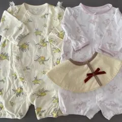 値下げ！花柄・ウサギ柄ツーウェイドレスオール2点スタイ1点セットサイズ50〜70