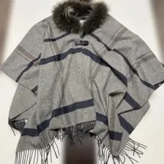 自由区チェック柄ラクーンファー付きポンチョ