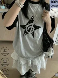 SHEIN 音符 スタープリント 半袖Tシャツ グレー
