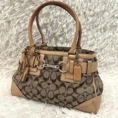 COACH コーチ ハンドバッグ ハンプトンズ 茶 シグネチャー ターン