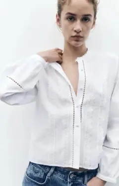 新品　ZARA ザラ　長袖　レース　サッカー　ブラウス　ホワイト　S