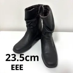【23.5cm EEE】ボア付きミドルブーツ ブラック 幅広 防寒