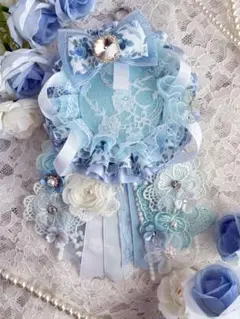 A001 一点もの痛ロゼット　ブルー系×フラワーレース　推し活　水色系