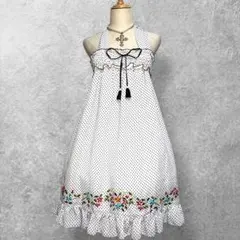 平成ギャル Y2K ドット柄 花刺繍 3WAYホルターワンピ 姫カジ 白黒リボンのサムネイル