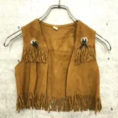 レトロ ヴィンテージ ウエスタン 古着 コンチョ付 スエードレザーフリンジベスト