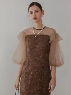 フラワースパンコールシアーフリルスリーブIラインワンピースドレス結婚式パーティー