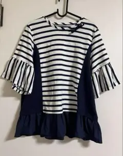 ＆ LOVE アンドラブ ボーダー柄 フリルTシャツ 3Lサイズ／ネイビー