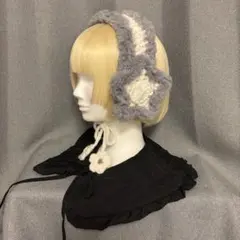 イヤーマフ ハンドメイド 編み物 耳あて 星 白 グレー