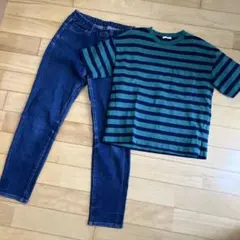 GU緑と青のストライプTシャツとUNIQLOパンツセット