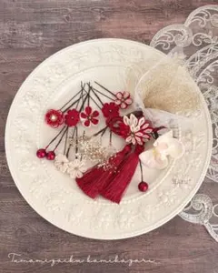 【レトロ❤︎髪飾り】レッド×アイボリーコームヘッドドレス 胡蝶蘭 水引 チュール