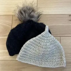 ファー付きベレー帽 黒 どんぐり帽ベージュ