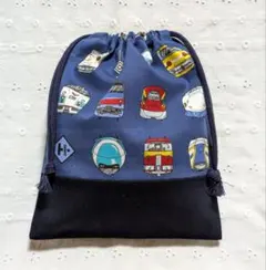 ハンドメイド、電車、正面柄の給食袋、巾着袋、コップ入れ、青、紺色