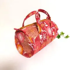 ミニボストンバッグ　和の花柄✕カーキ　ミニドラムバッグ　ハンドメイドポーチバッグ