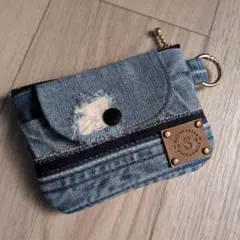 ハンドメイド　デニムポーチ　デニム×豹柄　ダブルファスナーポーチ