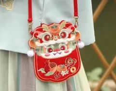 獅子舞刺繍ポシェット 中国風 刺繍ポミニバッグ キッズ