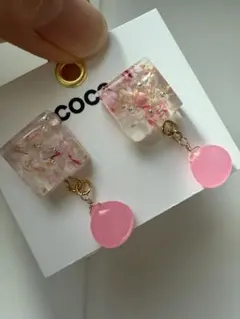 ハンドメイド レジン　天然石　ピンクジェード　樹脂ピアス