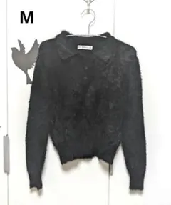 ZARA KNIT/ザラ シャギーニット シャツ ハーフボタン M ブラック