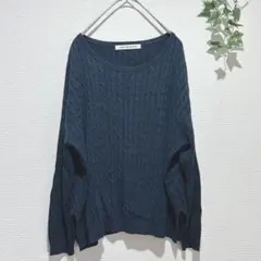 【グリーンレーベル リラクシング】ケーブル編み ニット ネイビー　アクリル