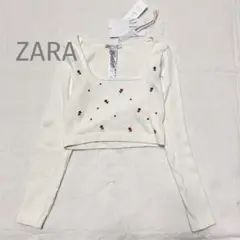 新品タグ付き　ZARA 花柄刺繍 リブトップス クロップド丈 M-L