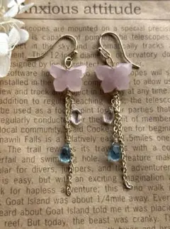 Sale❣️ローズクォーツ蝶々＆モルガナイト・アクアマリンのピアス　14kgf
