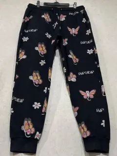 リップンディップ RIPNDIP 猫蝶 総柄 スウェットパンツ ブラック L