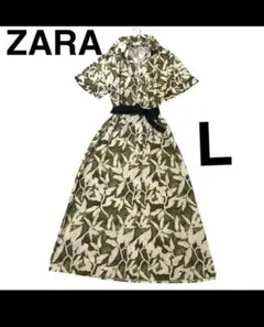【ZARA】ボタニカル柄シャツロングワンピース　金ボタン　グリーン　サイズL