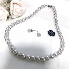 匿名 グレー 本貝パールネックレス 42センチ ピアス8ミリ セット 保管袋付き
