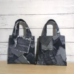 ミニトートバッグ(デニム調パッチワークプリント)　2点セット ハンドメイドのサムネイル